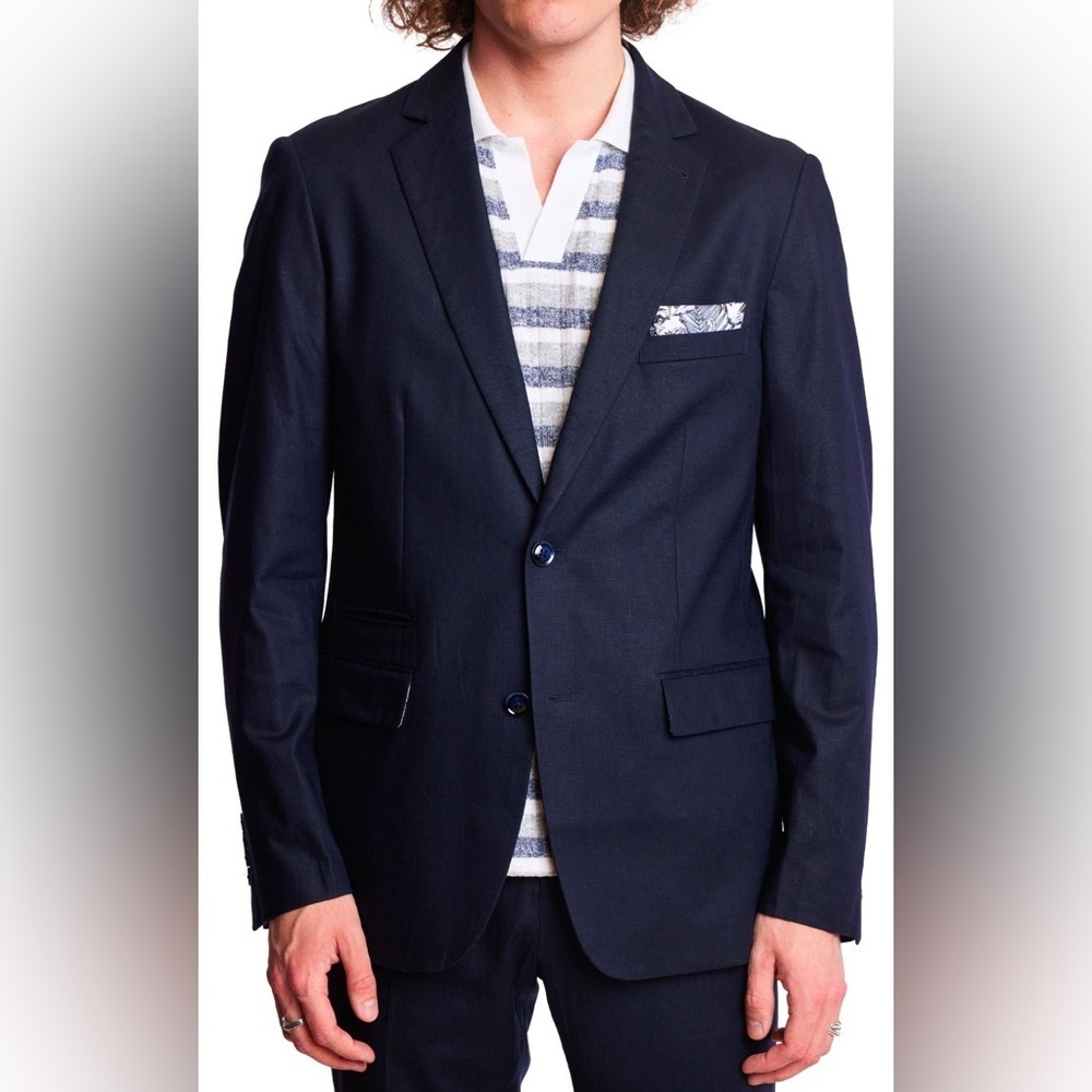 Paisley & Gray Dover Notch Blazer Size 46R Slim Fit Navy Linen Blend Two Button